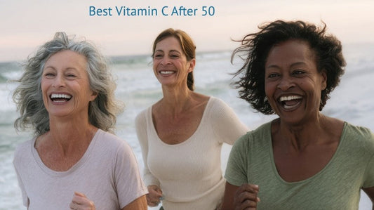 “Women over 50 jogging on the beach — dermatologist guidance on choosing the best Vitamin C after 50.”